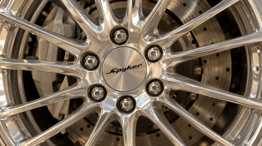 Gepolijste velg van een Spyker sportwagen